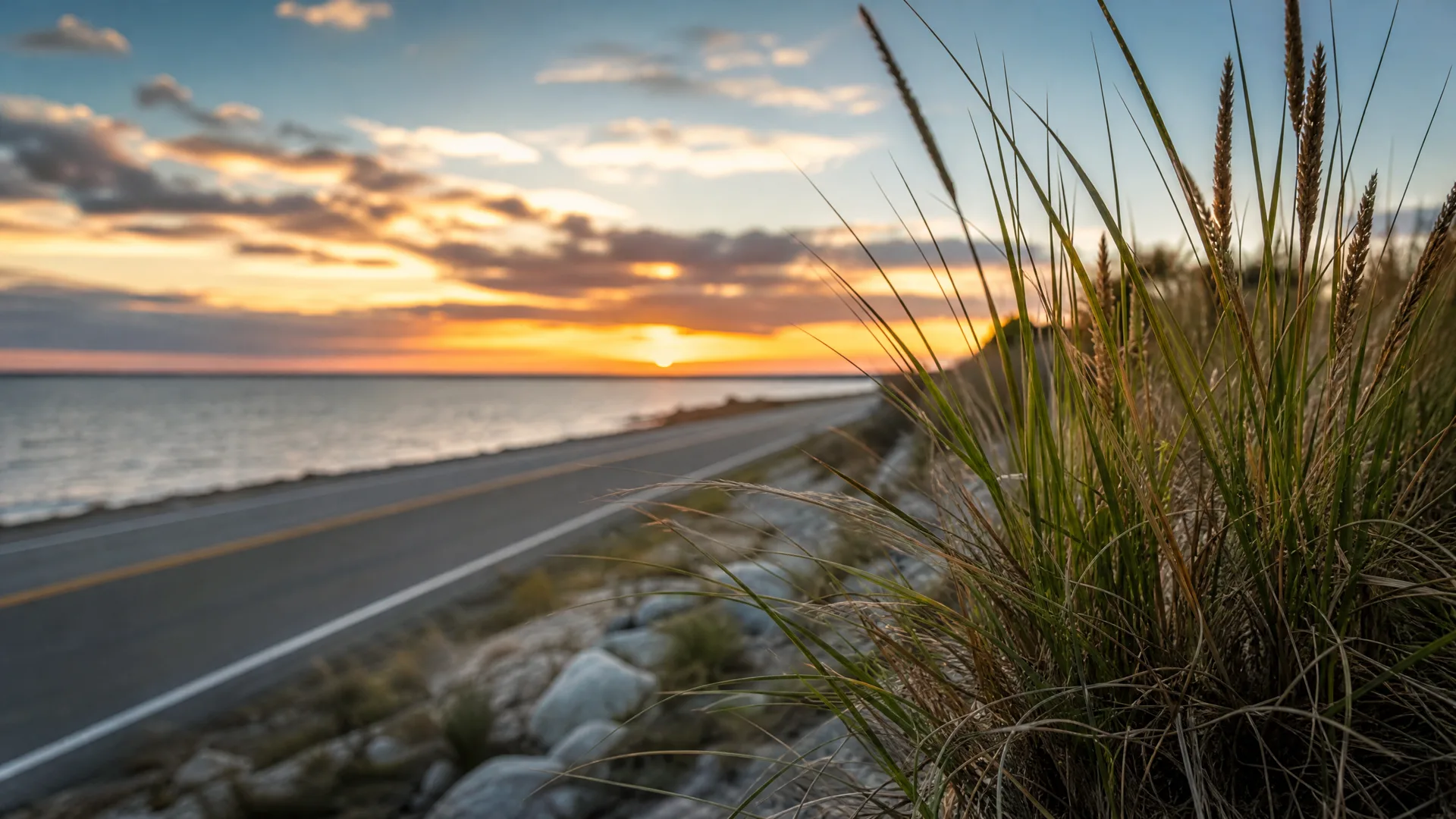 A two-lane coastal road beside calm water at sunset, with rocks and tall grasses in sharp focus in the foreground.